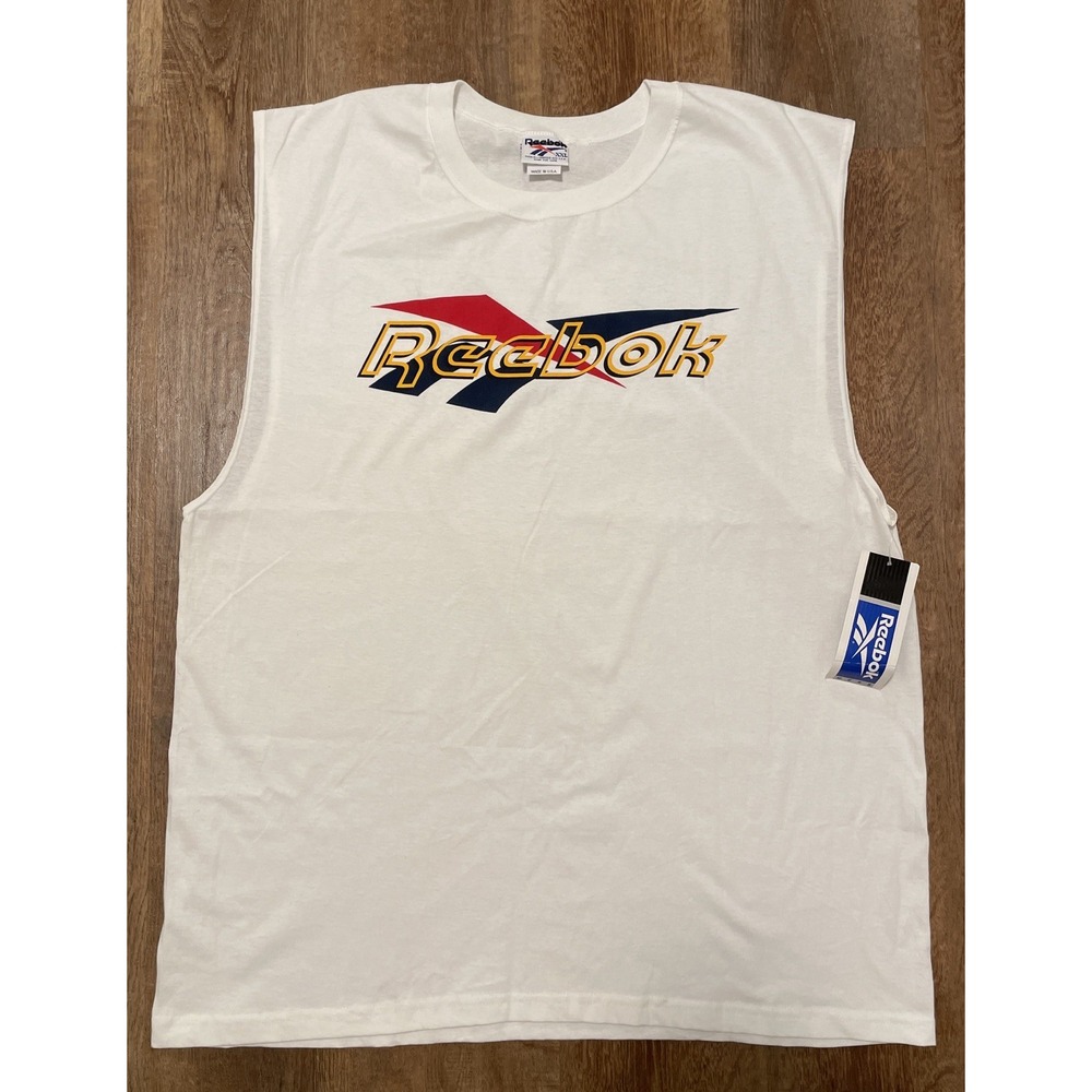 Vintage Reebok Muscle Shirt Mens XXL White Graphic Logo Sleeveless Made in USA